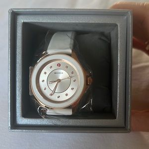 Michele Cape Watch - Rose Gold with Pink Topaz Stones and White Rubber Band